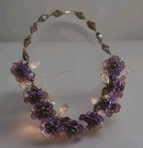 Big Beautiful Glass Work Purple Floral Necklace Rhinestone Leaf Heavy 18" - Picture 1 of 15