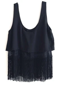 Ark Co Anthropologie Eyelet Top Size M Black Crop Tank Fringe Scope Neck Swing  - Picture 1 of 12