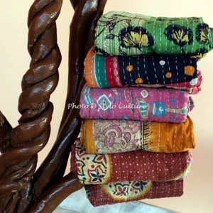 5 Pcs Lot Reversible Bengali Kantha Quilt Multicolor Single Blanket Bed Runner - Picture 1 of 4