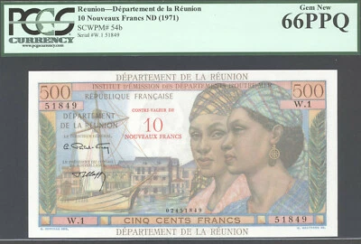REUNION, 10 Nouveaux Francs on 500 Francs, ND(1971), P54b, PCGS 66PPQ, Gem UNC - Image 1 of 2