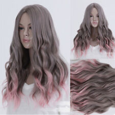 Long Gray Pink Ombre Wavy Curly Women Lady Girl Hair Cosplay Wig Full Wigs + Cap