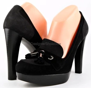 $398 STUART WEITZMAN TASSUP Black Suede Designer Platform Pumps 9 - Picture 1 of 4