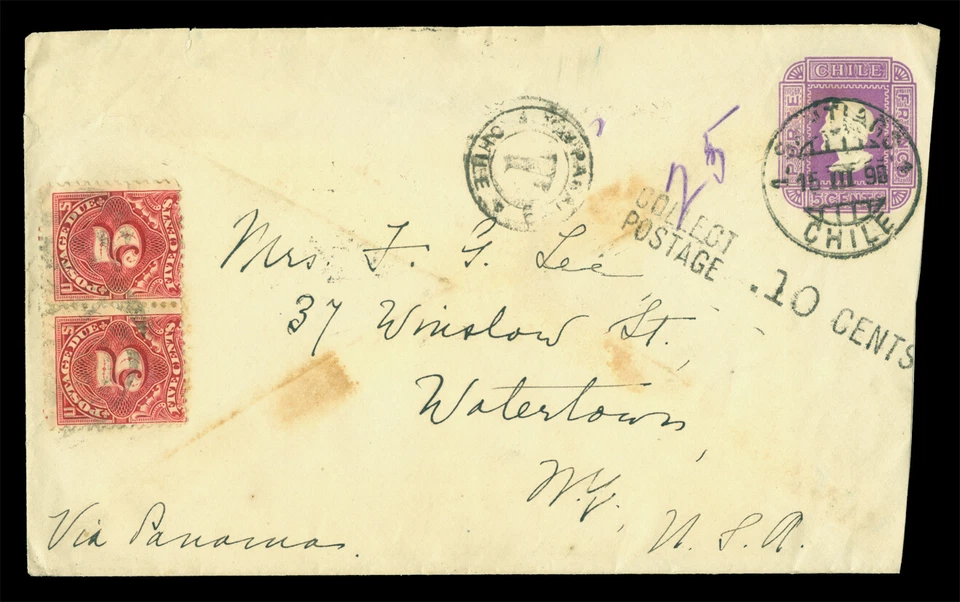 CHILE 1898 COLUMBUS 5c Stat. cvr "vía Panamá" a EE. UU. + 10c US FRANQUEO DEBIDO sellos Foto 1 de 2