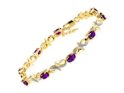 RYLOS Tennis Bracelet, 6x4mm Gemstones & Diamonds, Gold Plated Silver, 7-8". - Image 1 of 4