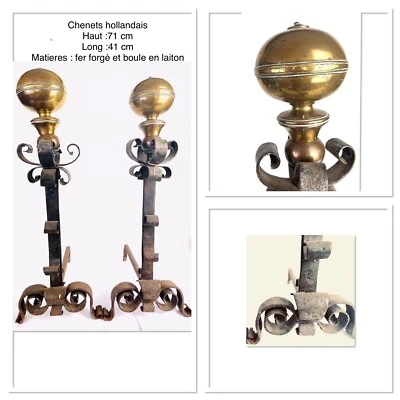 PAIRE DE CHENETS HOLLANDAIS ANCIENS AVEC BOULE EN LAITON  - Photo 1/4