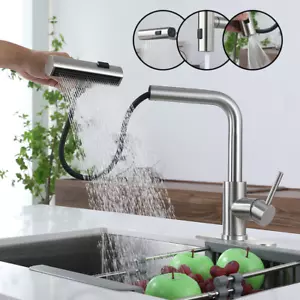 3 Function Kitchen Sink Faucet Pull Out Sprayer Single Handle Mixer Tap Brushed - Picture 1 of 24