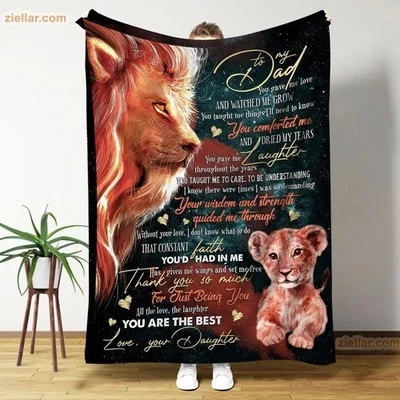 To My Dad Fleece Blanket, Personalized Blanket Gift with Lion and Cub - Image 1 of 4