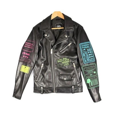 ZARA Talla S Hombres Imitación Cuero Parche Expresión Digital Negro Bicicleta Moto Corredor Chaqueta Foto 1 de 4