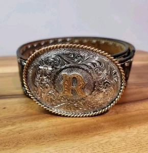 Montana Silversmiths Buckle Inital R Vintage With Original belt 2 Tone W/gold - Picture 1 of 9