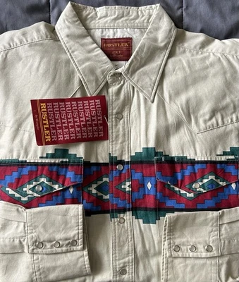 Vintage Wrangler Shirt Mens Aztec Western Brushpopper Cowboy Pearl Snap Size 2XT - Image 1 of 4