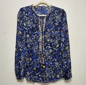 KOBI HALPERIN Stasia Printed Tassel-neck Silk Blend Blouse In Cobalt Multi Sz S - Picture 1 of 14