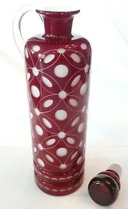 ANTIQUE CRANBERRY OVERLAY WHITE MILK BLOWN CUT ART GLASS VASE HANDMADE DECANTER - Picture 1 of 11