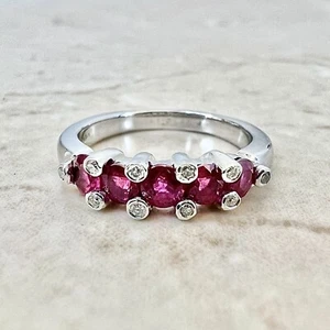18K Ruby & Diamond Band Ring - White Gold 5 Stone Ruby Ring - July Birthstone - Picture 1 of 9