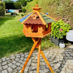 DARLUX Vogel Futter XL Futterstelle Holz Vogelhaus+ Ständer Braun/ Rot Grün Blau - Bild 1 von 7