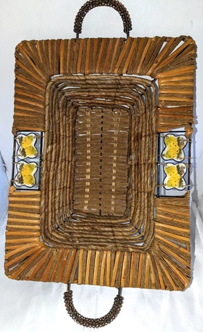 Vintage Rattan/Wicker Basket with Ceramic Accents and Metal Handles Cover
