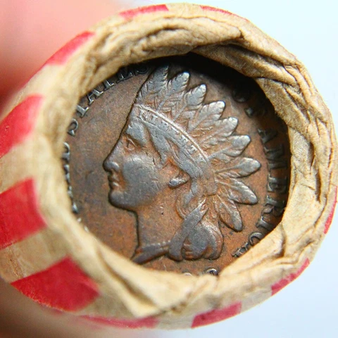 Full Liberty Indian Cent On The End of a 50 Coin Wheat Penny Roll Cover