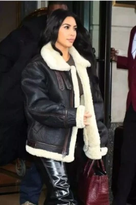 Kim Kardashian Women's Black Shearling Leather Aviator B3 Bomber Jacket - Image 1 of 4