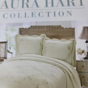 1 Cuscino King Trapuntato Ricamo Laura Hart Finta Margata Blu Floreale Cottage Chic - Foto 1 di 13
