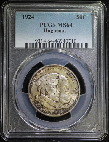 1924 Huguenot Commemorative Silver Half Dollar PCGS MS64 Lustrous Nice Patina Cover