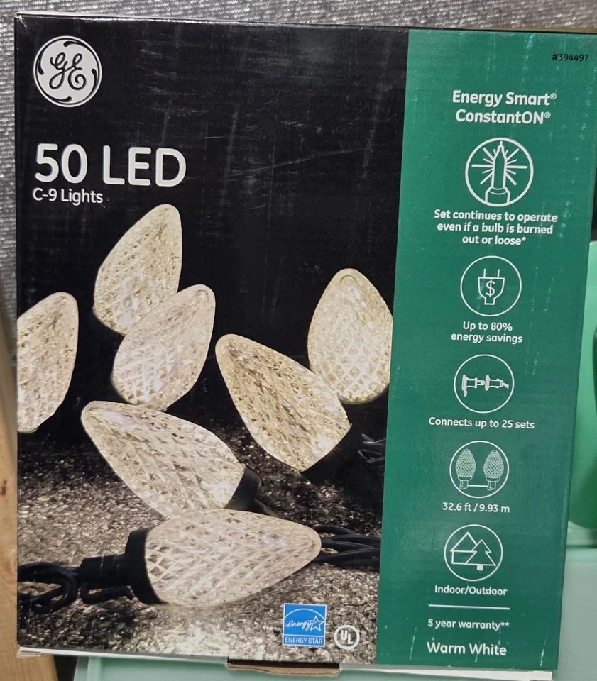 GE Energy Smart 50 LED C-9 Warm White Green Wire Christmas Party String Lights - Image 1 of 1