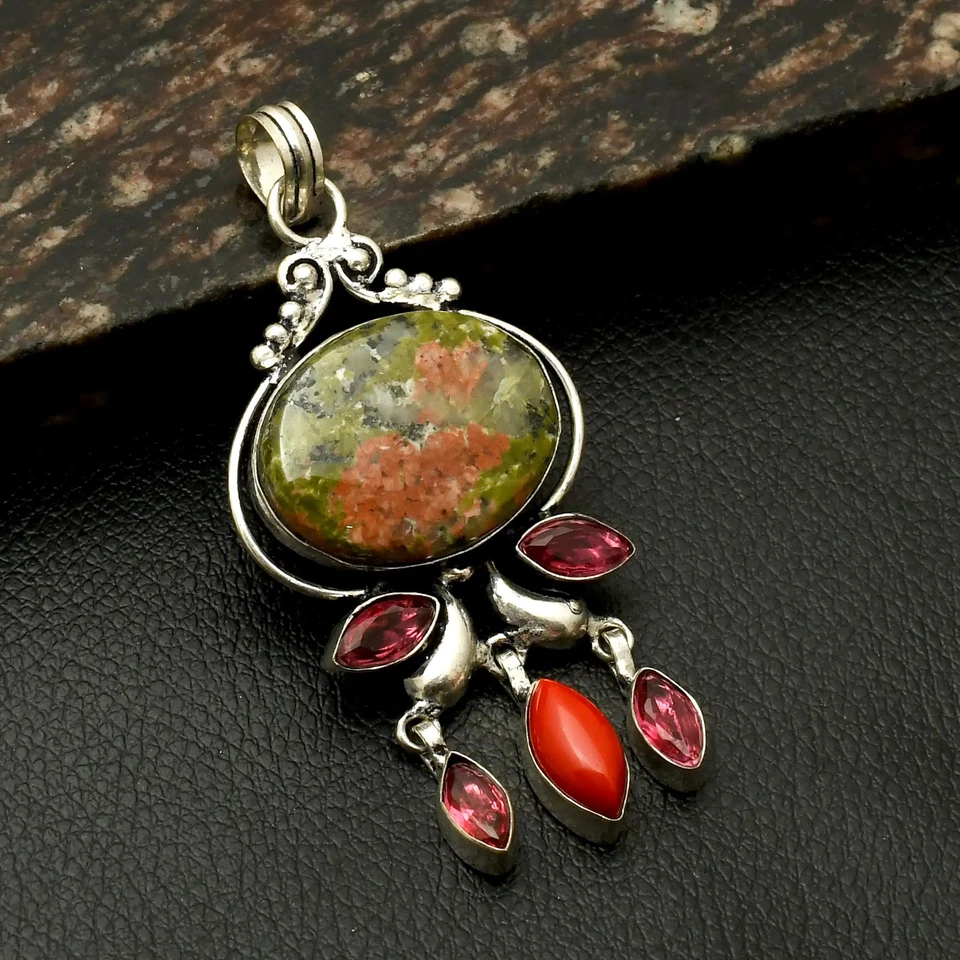 Joyería colgante étnica hecha a mano de piedras preciosas de coral Unakita para mujer 3" AP-39205 Foto 1 de 1