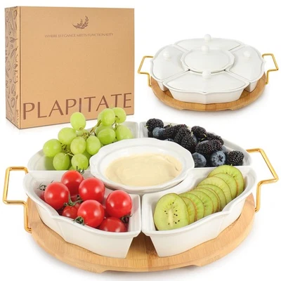 Party Serving Trays and Platters, Ceramic Lazy Susan Serving Tray with Divide... - Image 1 of 4