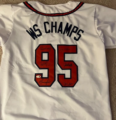 Custom Braves Jersey signed by 6 inc McGriff, Smoltz.  Avery, ETC JSA - Image 1 of 4