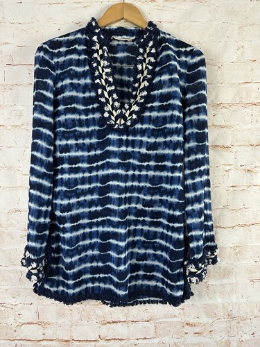 Tunica Tory Burch impreziosita da cravatta tinta a righe in voile di cotone blu e bianco taglia 8
