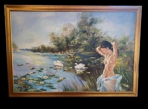 Dipinto su Tela con Cornice - Scena Romantica con Donna e Cigni - 93 x 133 cm - Picture 1 of 14