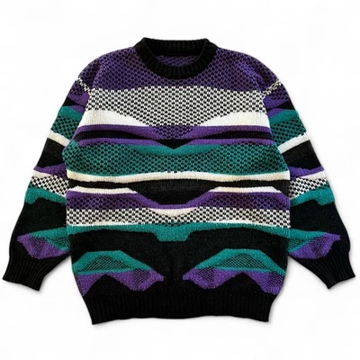 Suéter 3D Vintage Texturizado Funky Patrón Onda Verde Azulado Púrpura Negro Blanco Foto 1 de 4