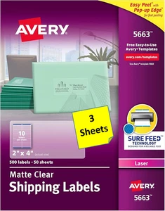 [3 Hojas] Etiquetas de Envío Transparente Mate Avery 5663 2 x 4 LÁSER - Imagen 1 de 1