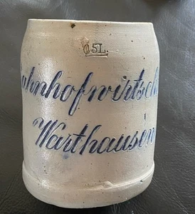 antiker Bierkrug Bahnhofswirtschaft Warthausen - geritzt 0,5 L - Bild 1 von 7