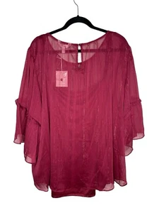 Lauren Conrad Blouse Womens Size 4X Burgundy Sheer Pullover Flutter Short Sleeve - Picture 1 of 6