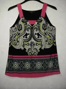 Coco Bianco Top Women M Black Pink Neon Paisley V-Neck Straps Lined Sleveless - Picture 1 of 11