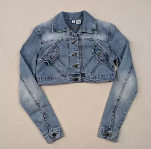 Vintage Y2K Younique Cropped Light Wash Denim Langarm Jeansjacke Junior Größe S - Bild 1 von 15