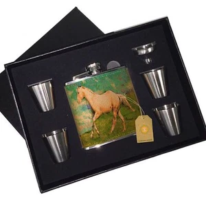 Palomino Horse Blue Sky Flower Field Leather Flask Black Box Gift Set - Picture 1 of 2