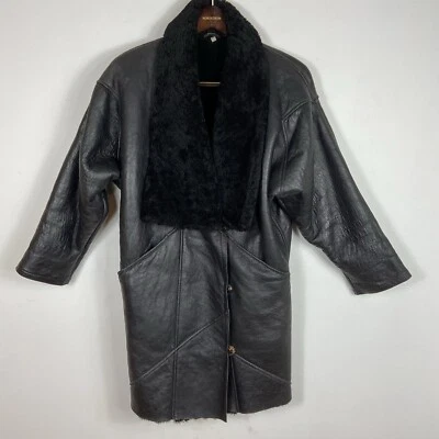 Vtg Heavy Sheepskin Shearling Lined Coat Tannery West Batwing Sz S Oversized - Image 1 of 4