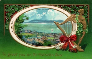 1912 ST. PATRICK'S DAY Postcard Dalkey Co., Dublin, Harp, Pipes, Shamrocks - Picture 1 of 2