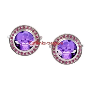 Natural Amethyst & Ruby Gemstones 925 Sterling Silver Cufflinks For Men's #9848 - Picture 1 of 3