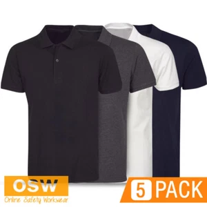 5 X UNISEX LIGHT WEIGHT COTTON OFFICE WORK FIT POLO - BLACK/NAVY/CHARCOAL/WHITE - Picture 1 of 9