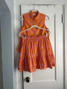 J. Crew Factory Damen rosa orange Kragen Hemd und passender Rüschen gesmokter Rock - Bild 1 von 9