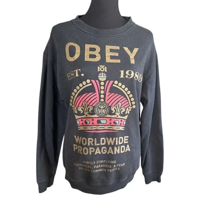 OBEY Royal Mandate 黑色圆领运动衫,尺寸 L,全球宣传 — 第 1/4 张图片