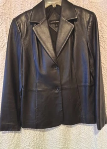De colección. Chaqueta Blazer de Cuero Negro Suave, Valerie Stevens, Forrada, Talla Med. Clásico - Imagen 1 de 19