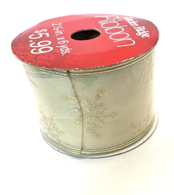 Christmas Garden Ridge Sheer Gold Glitter Print Wired Ribbon 2.5in X 6 Yards - Image 1 of 4