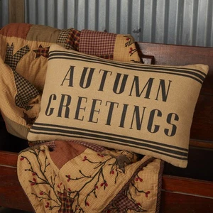 Primitive 14"x22" Autumn Greetings Pillow Tan Stenciled Holiday Decor VHC Brands - Picture 1 of 8