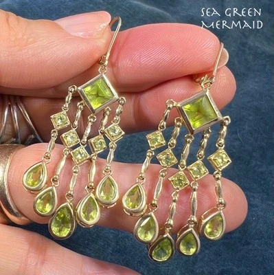 10k Yellow Gold Lime Peridot Teardrop Chandelier Leverback Earrings. 2" + 7.7g - Image 1 of 4