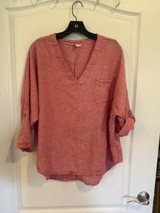 Cato Linen Blend Tunic Blouse Size Large red/Pink V Neck Pocket Tab Sleeves - Picture 1 of 6