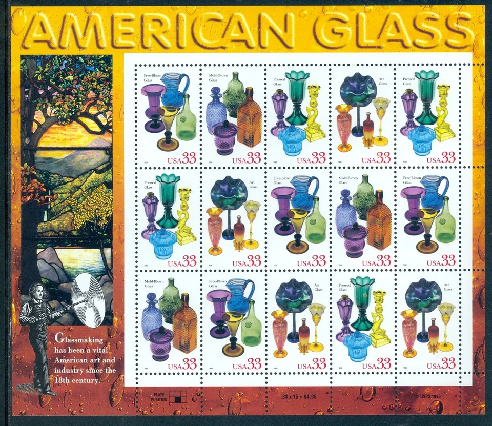 US 3325-3328 American Glass, Complete Sheet/15,  Mint NH - Image 1 of 1
