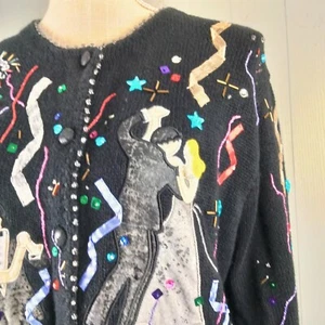 SUSAN BRISTOL Cardigan Sweater Womens Large Embroidered New Years Art To Wear - Picture 1 of 15