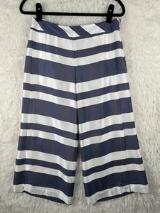 Trina Turk Size 8 Blue White Striped Wide Leg Side Zip Split Crop Pants Pockets - Picture 1 of 13
